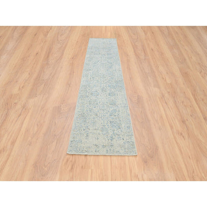 2'6"X12' Gray Wool And Silk Jacquard Hand Loomed Tebraz Runner Rug