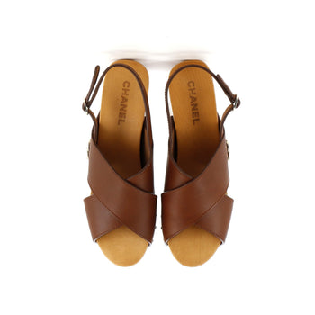 Chanel Women'S Cc Slingback Platform Wedge Sandals Leather And Wood