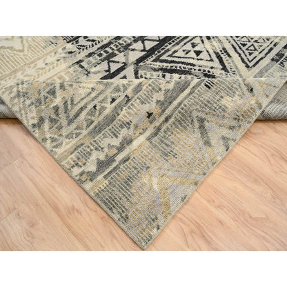 9'9"X13'10" Gray Erased Ethnic Geometric Design Wool Hand Knotted Rug