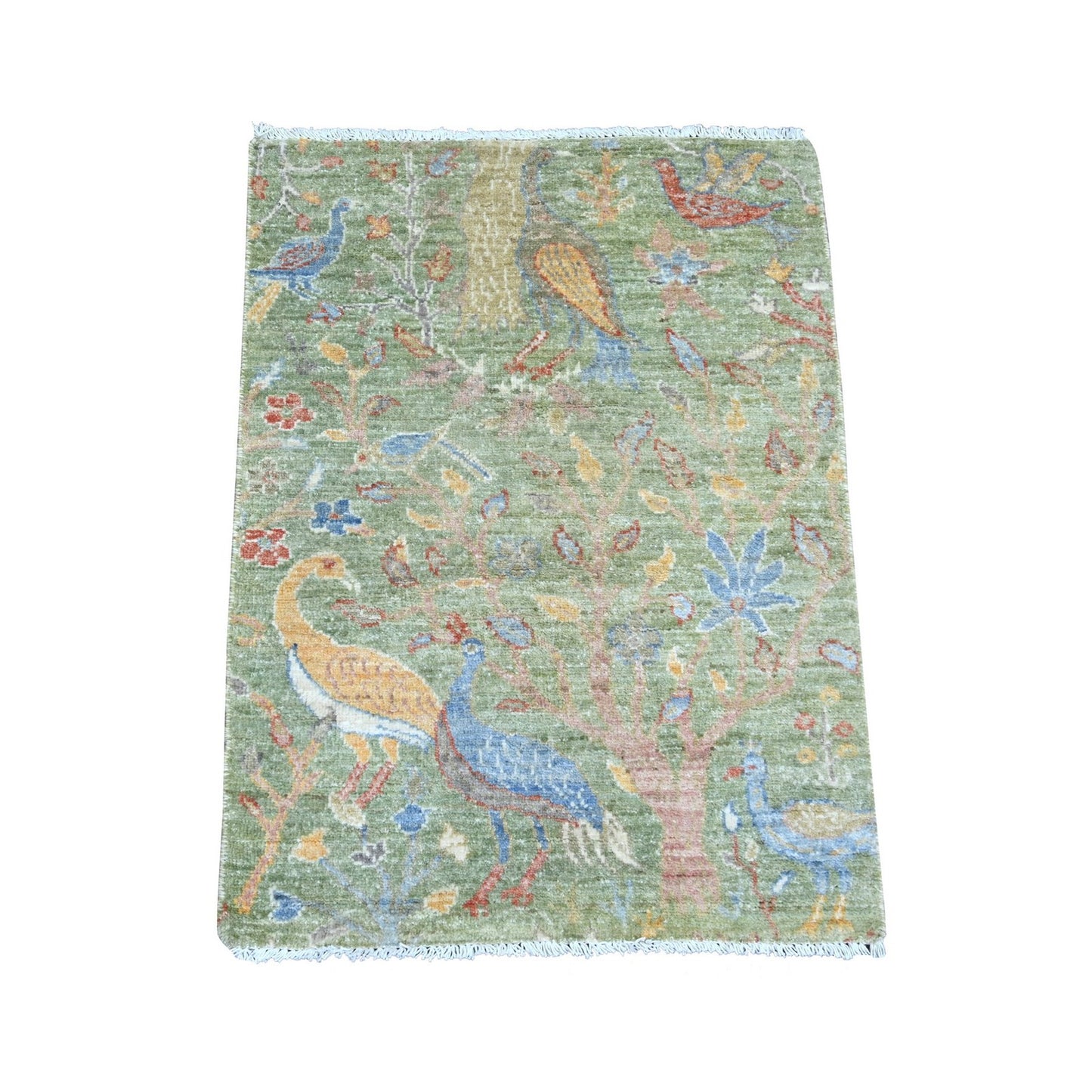 2'2"X3' Green Hand Knotted Rug Peshawar Birds Of Paradise Design Wool Mat