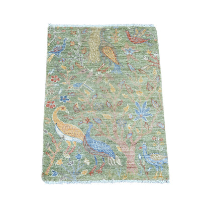 2'2"X3' Green Hand Knotted Rug Peshawar Birds Of Paradise Design Wool Mat
