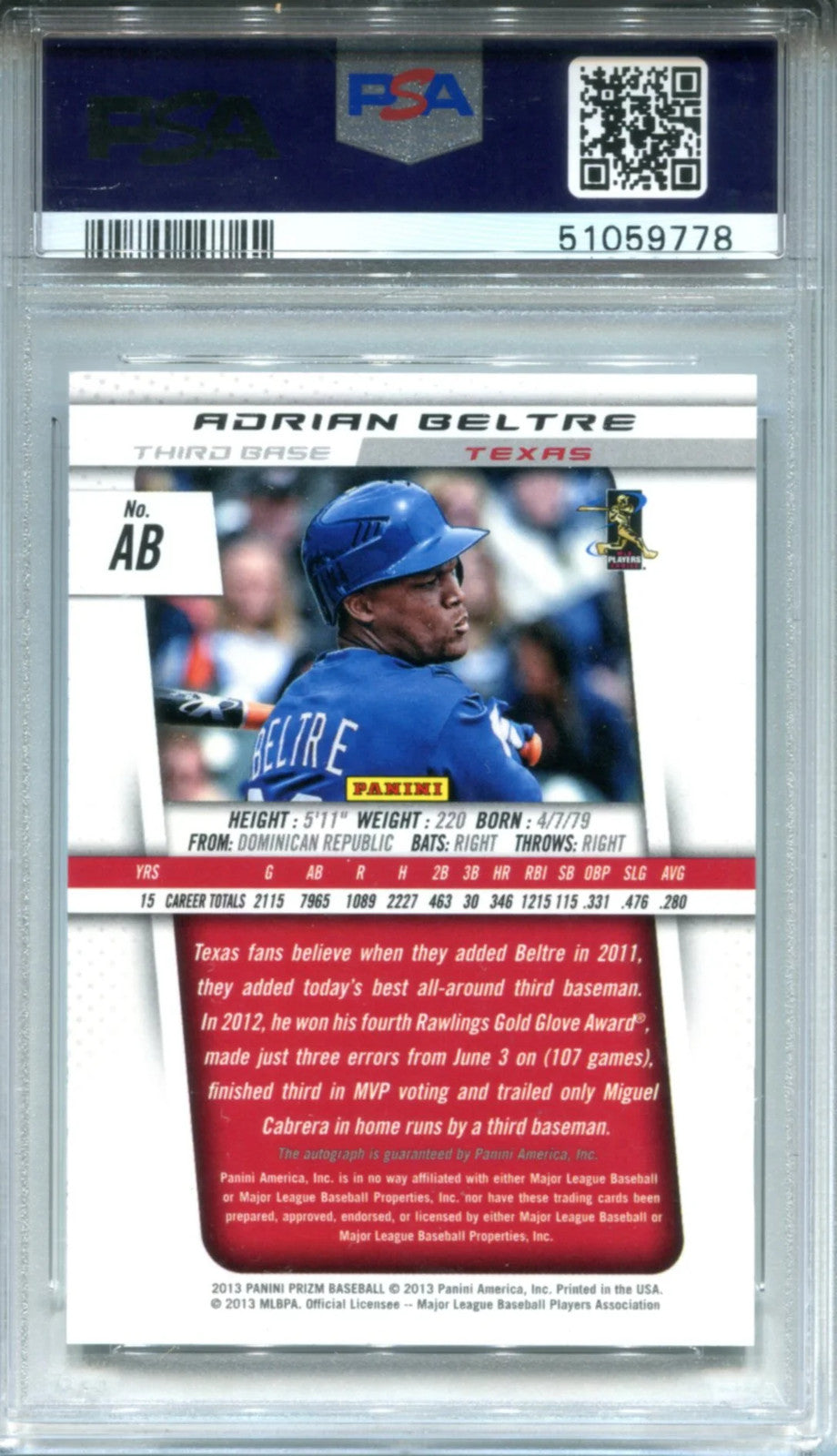 Adrian Beltre Autographed 2013 Panini Prizm Card (Psa)