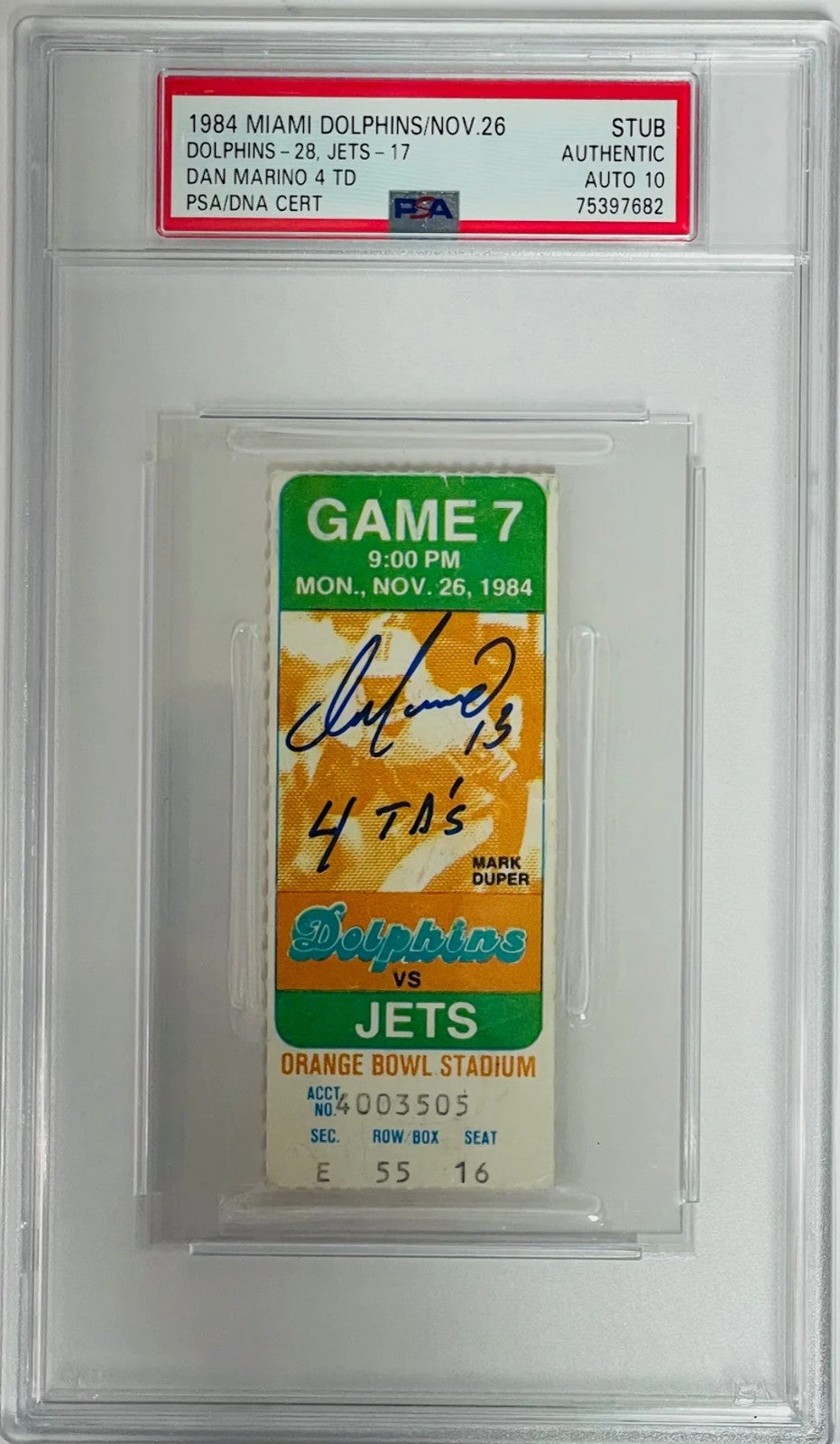 Dan Marino Signed Nov 26 1984 Ticket Stub Vs Jets Psa Authentic Auto 10