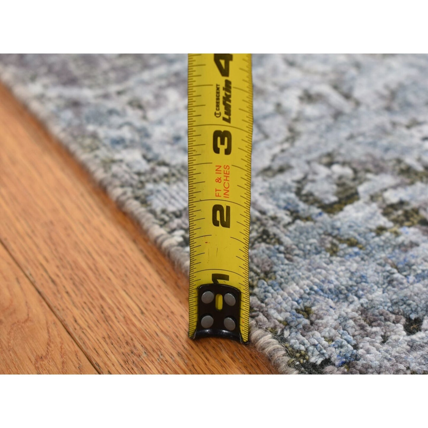 2'6"X10' Gray Silk With Wool Hand Knotted Erased Design Runner Rug