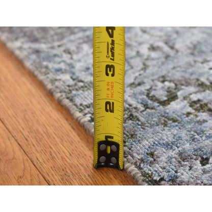 2'6"X10' Gray Silk With Wool Hand Knotted Erased Design Runner Rug