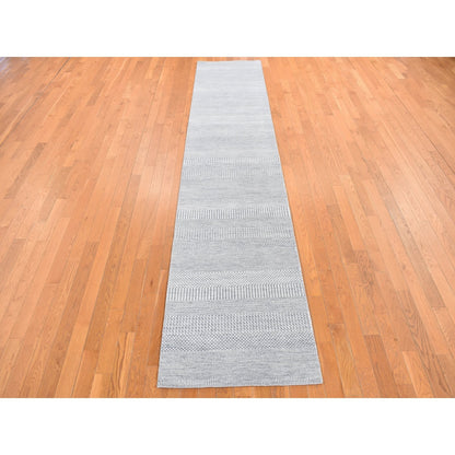 2'6"X12' Blue Grass Design Hand Knotted Wool And Silk Modern Runner Rug