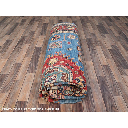 9'2"X11'4" Blue Special Kazak Geometric Design Hand Knotted Wool Rug