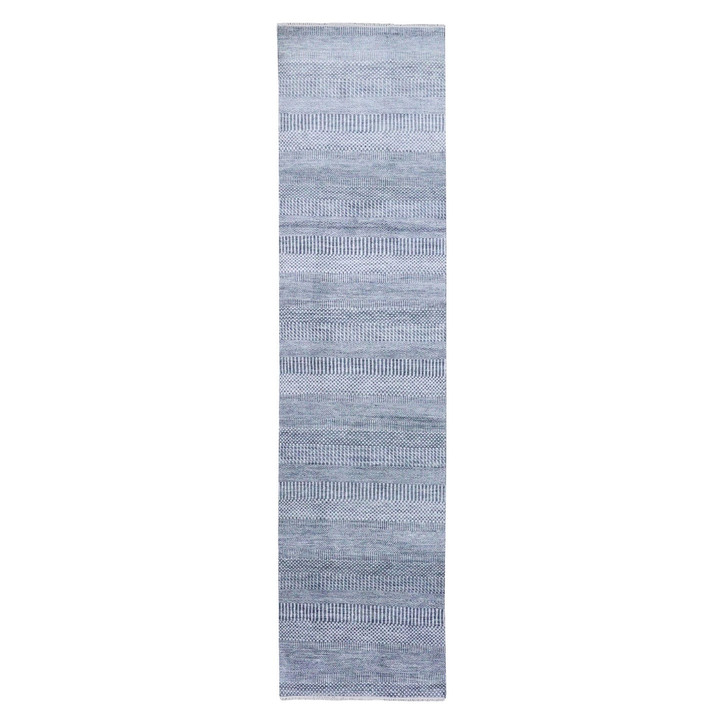 2'6"X10'2" Gray Wool And Silk Hand Knotted Modern Grass Design Runner Rug