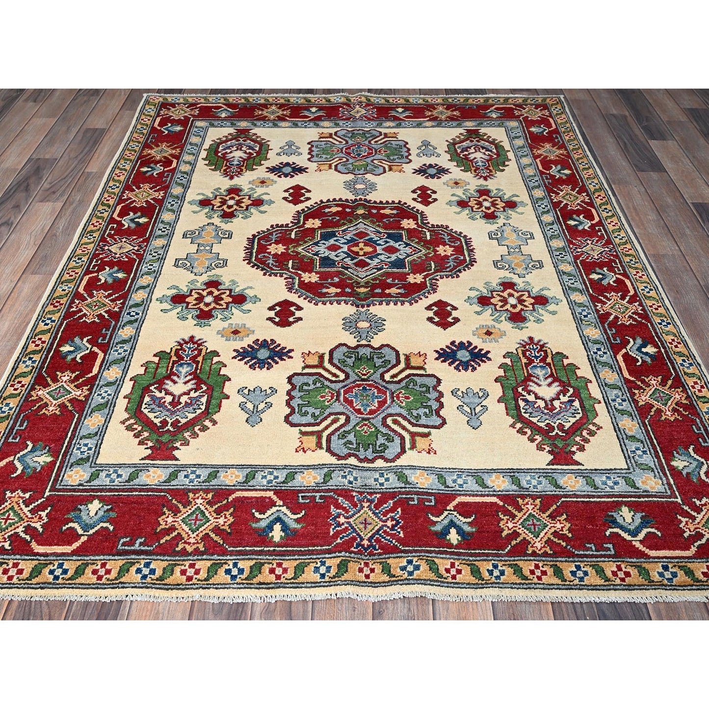 5'X6'6" Chiffon White Kazak With Geometric Design Hand Knotted Wool Rug