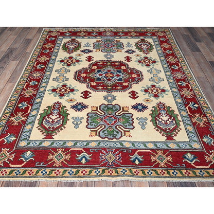 5'X6'6" Chiffon White Kazak With Geometric Design Hand Knotted Wool Rug