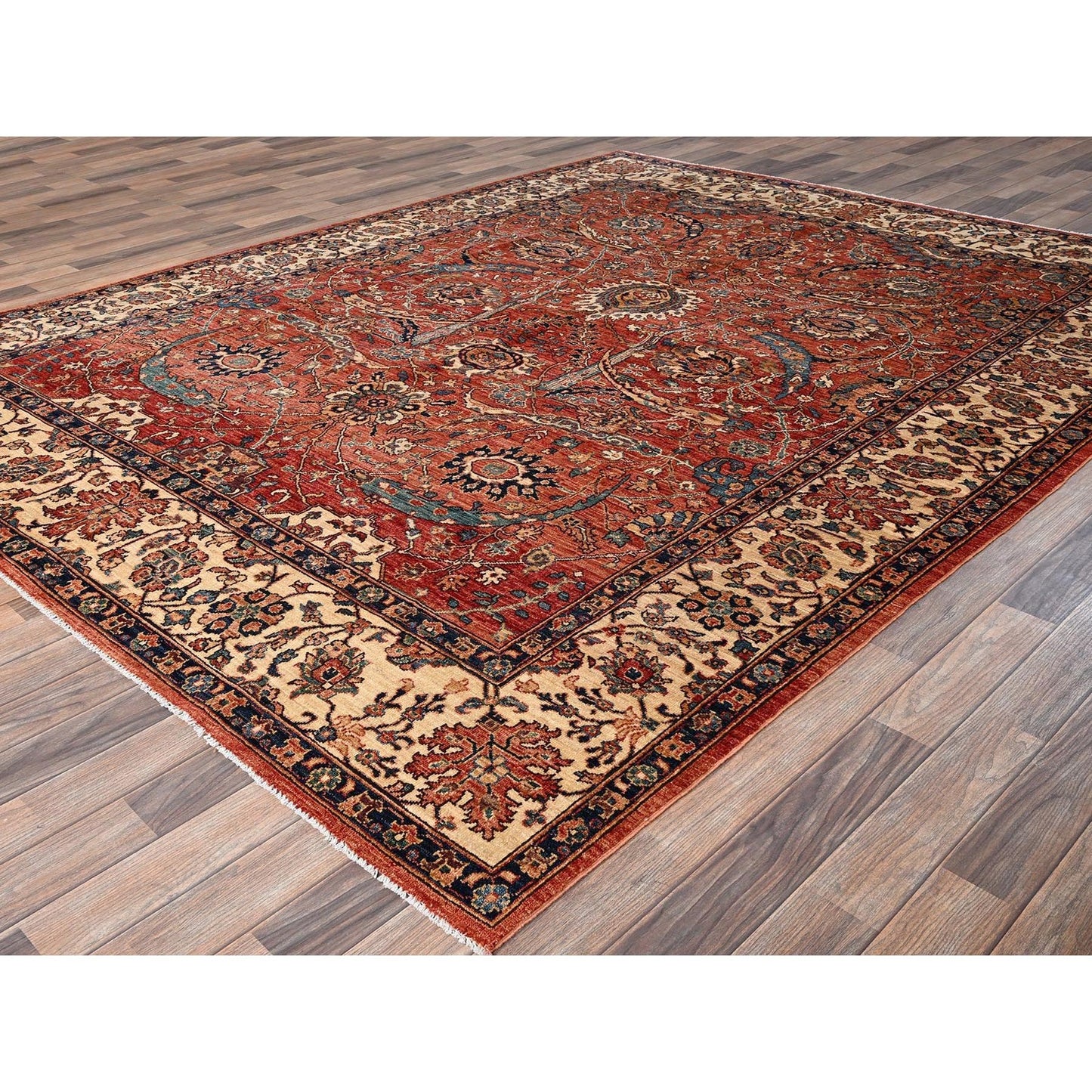 Rug 8'x10'6" Coral Red Aryana Grade Sickle Leaf Design Hand Knotted Wool