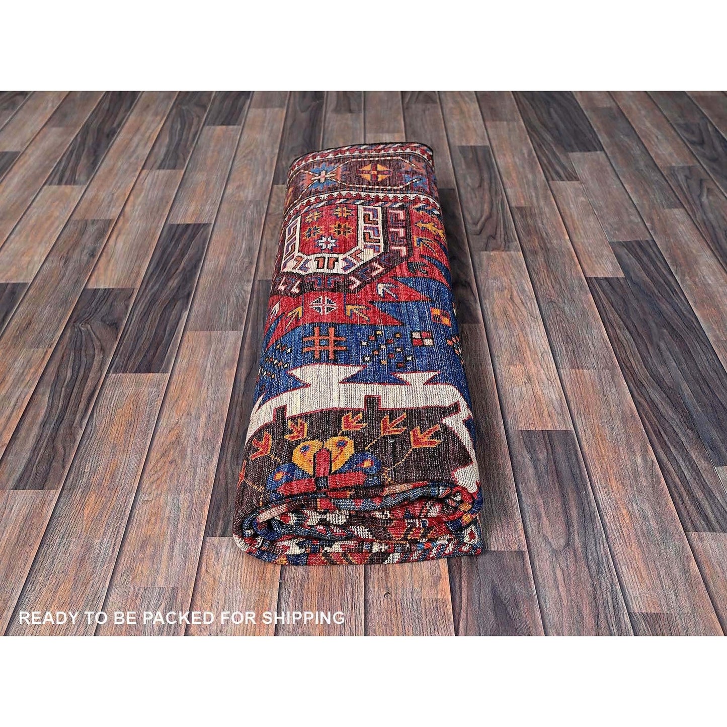 6'X7'10" Blue Afghan Caucasian Design Revival Hand Knotted Soft Wool Rug