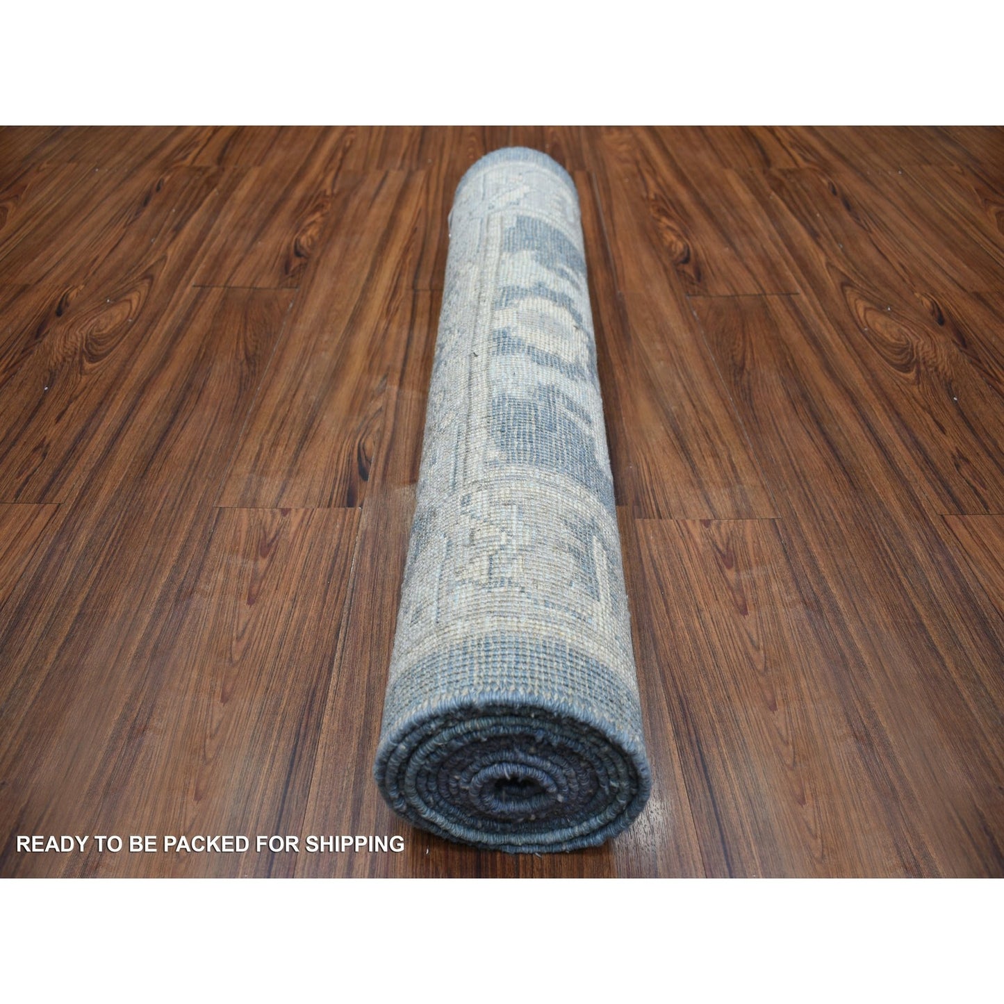 3'X11'7" Gray Angora Oushak Leaf Design Hand Knotted Wool Runner Rug