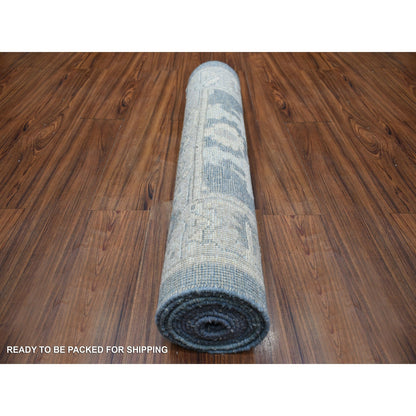 3'X11'7" Gray Angora Oushak Leaf Design Hand Knotted Wool Runner Rug