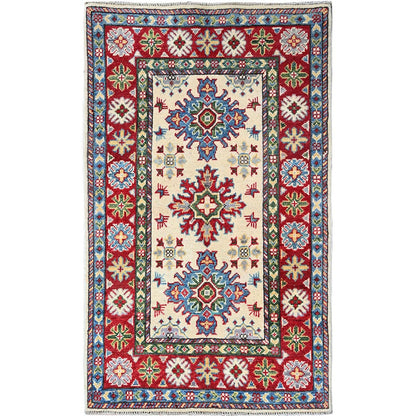 2'6"X4'1" Ivory Kazak Geometric Design Hand Knotted Soft Wool Mat Rug