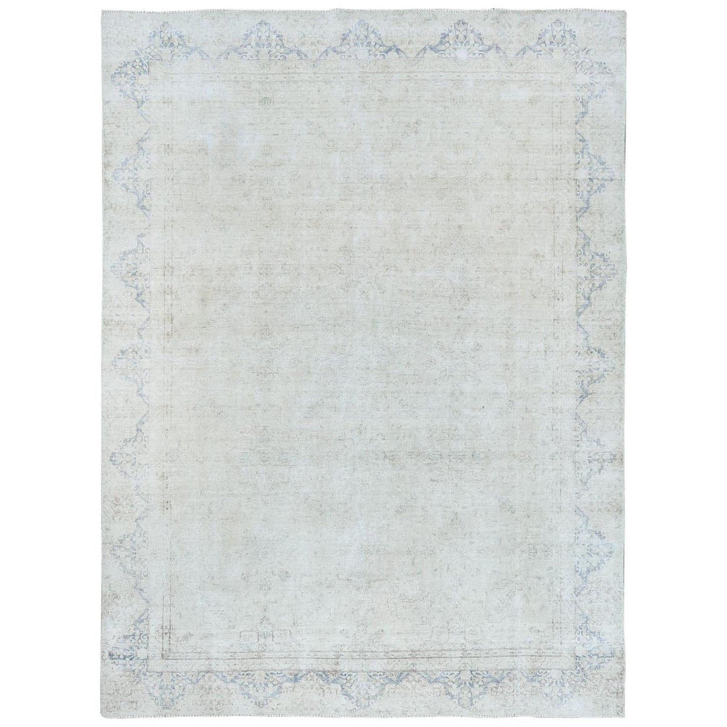 8'1"X10'9" Ivory Distressed Shabby Chic Farsian Hand Knotted Wool Rug
