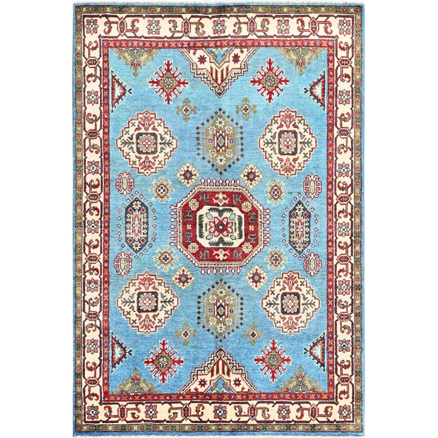 4'X6' Blue Kazak With Geometric Medallion Design Hand Knotted Soft Wool Rug