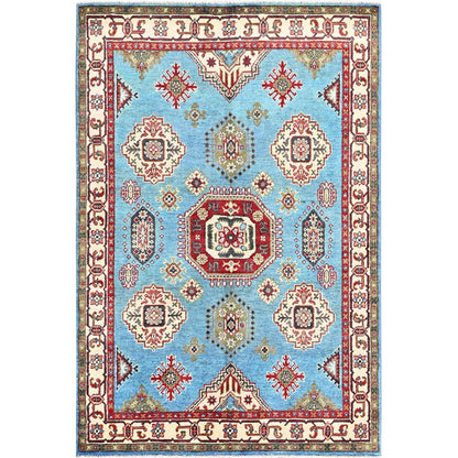 4'X6' Blue Kazak With Geometric Medallion Design Hand Knotted Soft Wool Rug