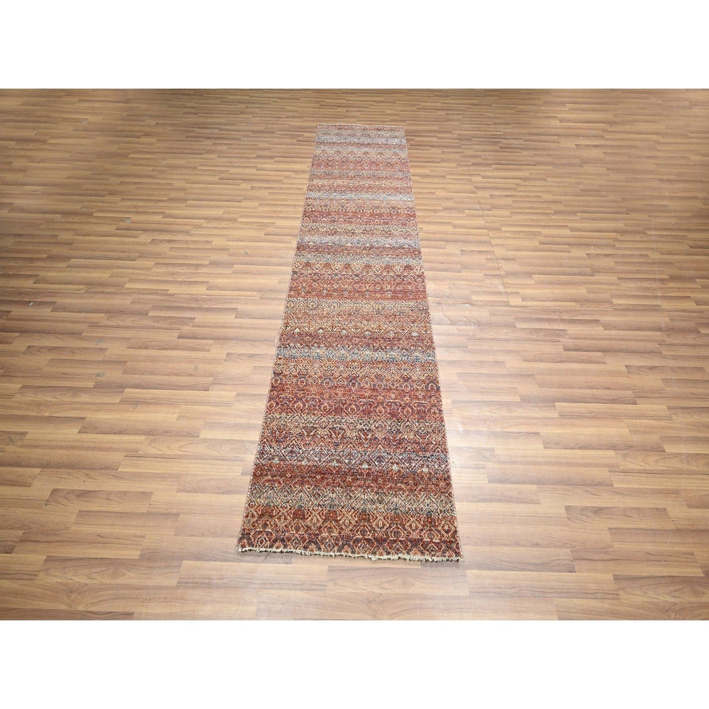 2'6"X10'2" Red Small Geometric Pattern Soft Wool Hand Knotted Runner Rug