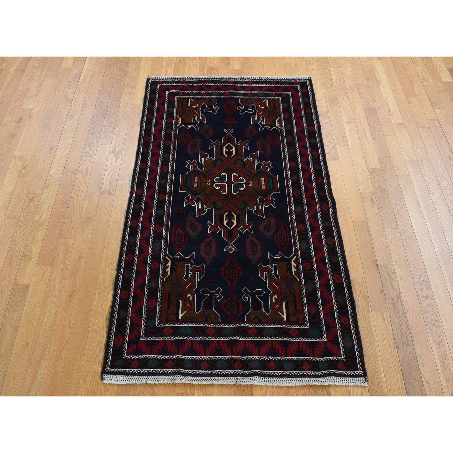 3'10"X6'9" Yankees Blue Afghan Balooch Design Pure Wool Hand Knotted Rug