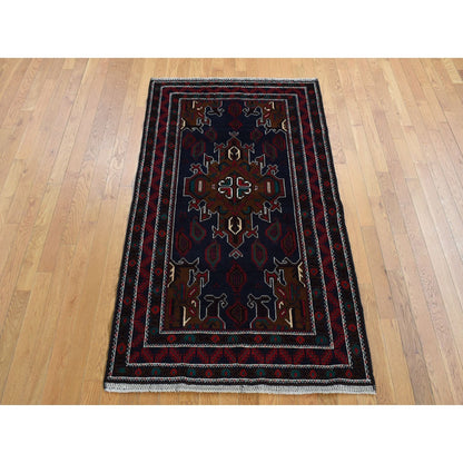 3'10"X6'9" Yankees Blue Afghan Balooch Design Pure Wool Hand Knotted Rug