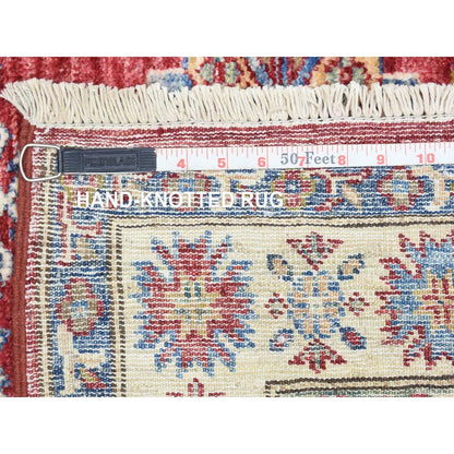 3'1"X11' Rich Red Hand Knotted Kazak Geometric Medallions Wool Runner Rug