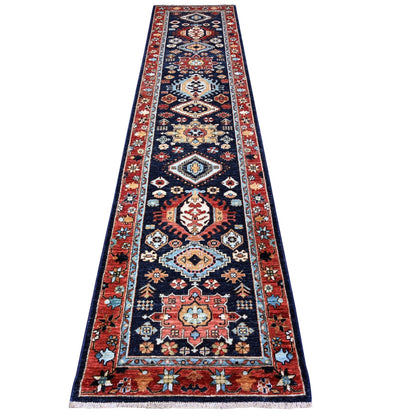 2'6"X11'8" Blue Karajeh Design Pure Wool Fine Aryana Runner Oriental Rug