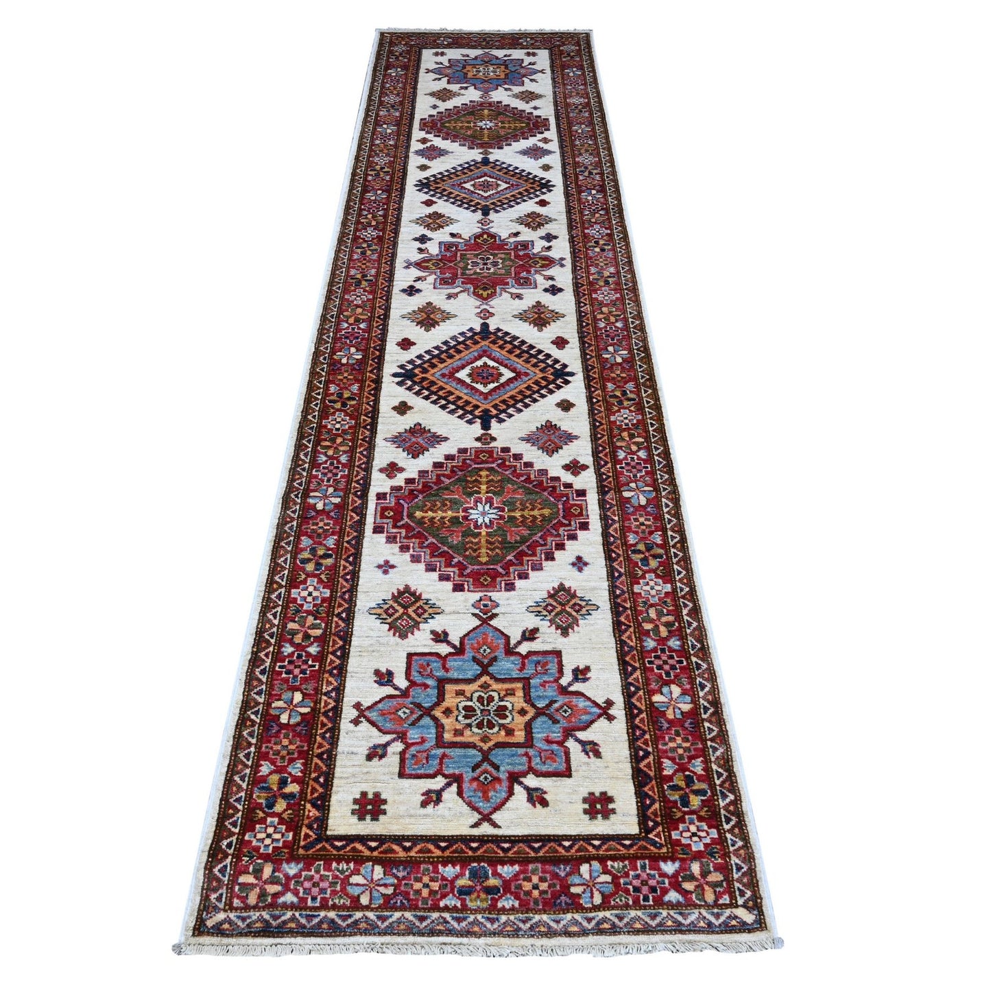 2'7"X10'7" Egg White Hand Knotted Super Kazak Large Motifs Runner Rug