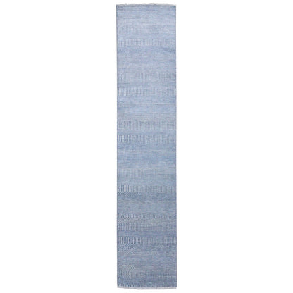 2'6"X12' Gray, Modern Grass Design, Wool And Silk Hand Knotted Runner Rug