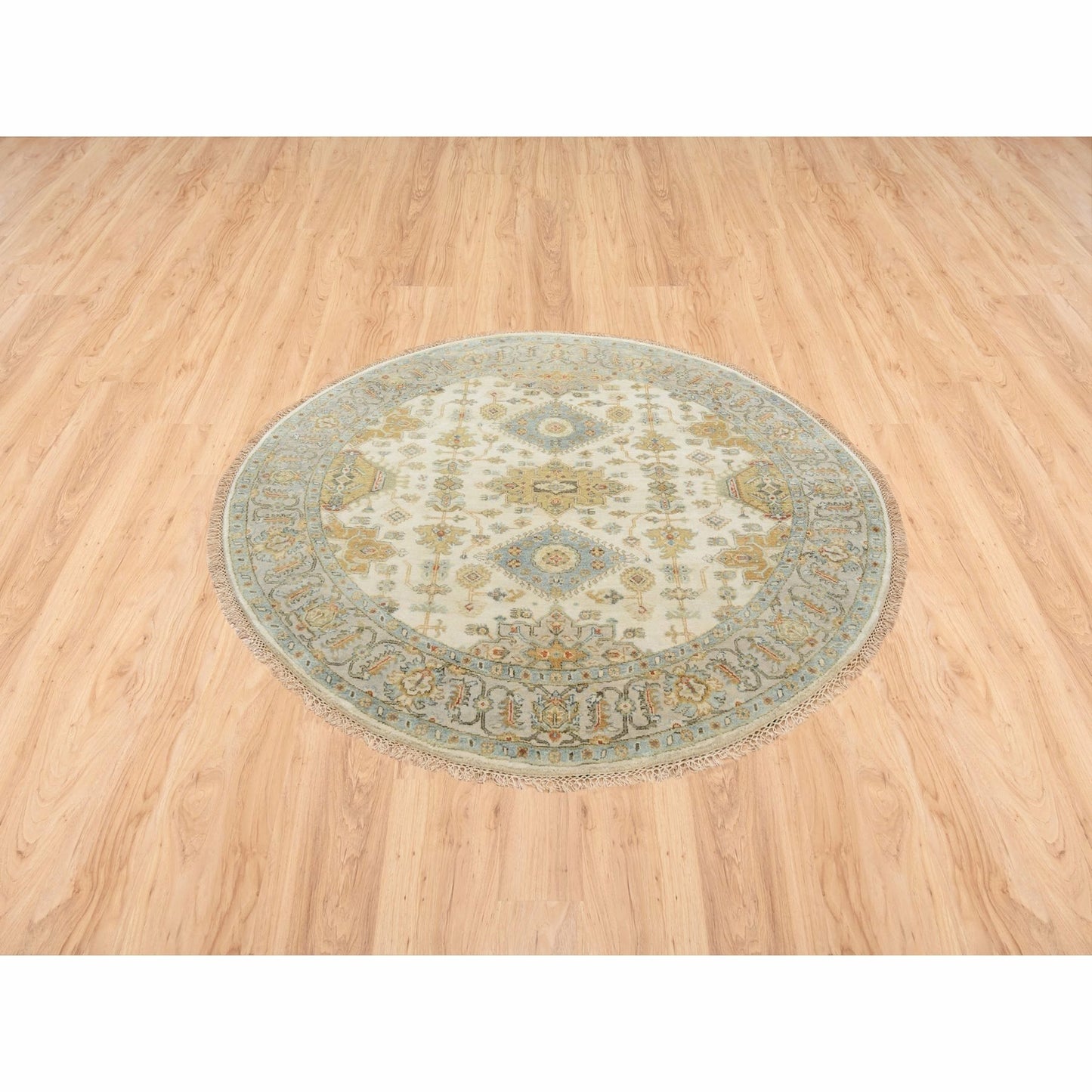 6'1"X6'1" Hand Knotted Ivory Karajeh Design Pure Wool Round Rug
