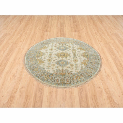 6'1"X6'1" Hand Knotted Ivory Karajeh Design Pure Wool Round Rug
