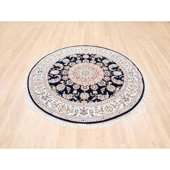 6'X6' Nain Pure Wool 250 Kpsi Navy Blue Hand Knotted Round Oriental Rug