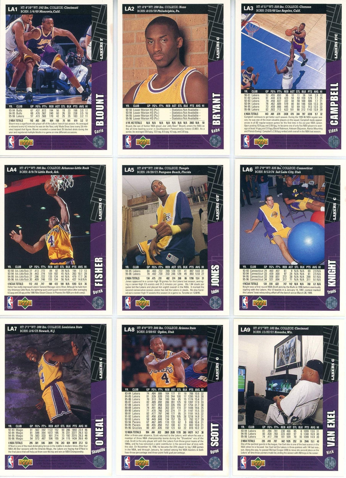 1996 Los Angeles Lakers Upper Deck Team Set Of 9 Cards