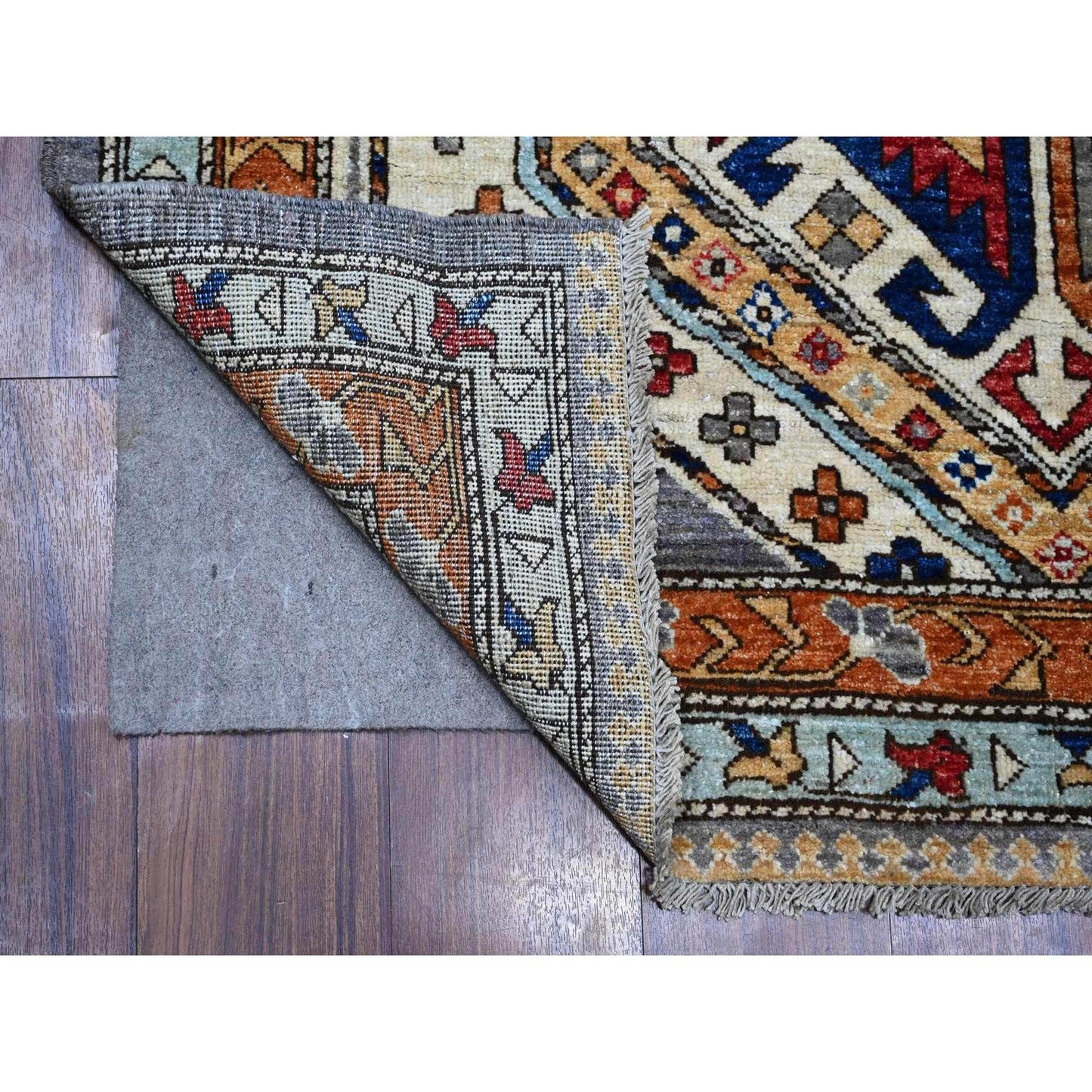 4'1"X11'9" Gray Wide Runner Afghan Village Design Wool Hand Knotted Rug
