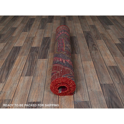 3'X7'7" Red Overdyed Vintage Northwest Zoroastrian Hand Knotted Runner Rug