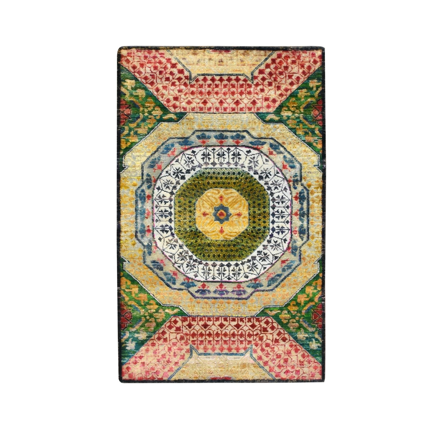 3'2"X5'2" Yellow Colorful Mamluk Design Hand Knotted Silk With Wool Rug