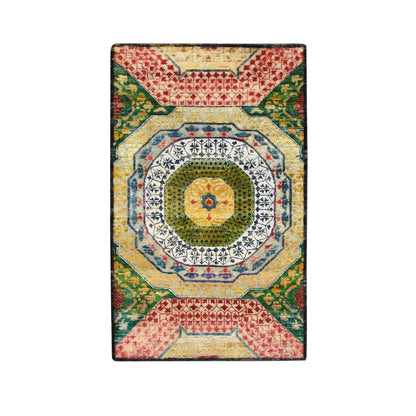 3'2"X5'2" Yellow Colorful Mamluk Design Hand Knotted Silk With Wool Rug