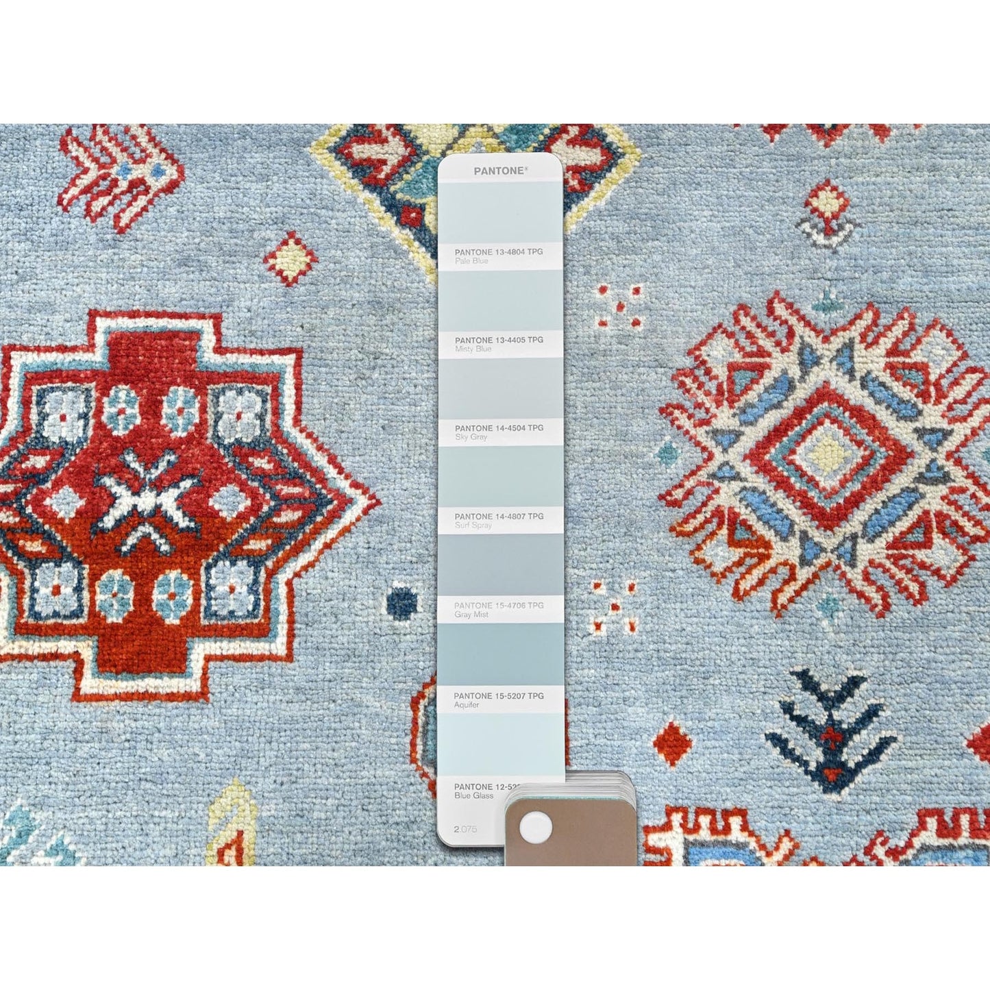 6'1"X8'9" Blue Special Kazak With Geometric Design Wool Hand Knotted Rug