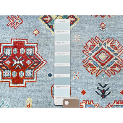 6'1"X8'9" Blue Special Kazak With Geometric Design Wool Hand Knotted Rug