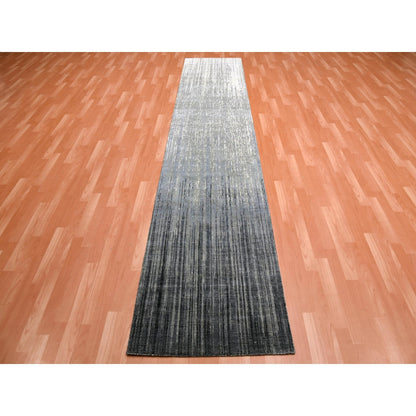 2'6"X12'6" Gray Modern Ombre Design Hand Knotted Soft Wool Runner Rug