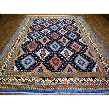 9'2"X11'10" Blue Afghan Ersari With Large Elements Wool Hand Knotted Rug