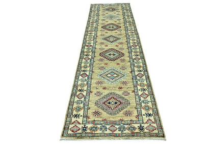 3X10 ft Beige Tribal Geometric Kazak Runner Wool