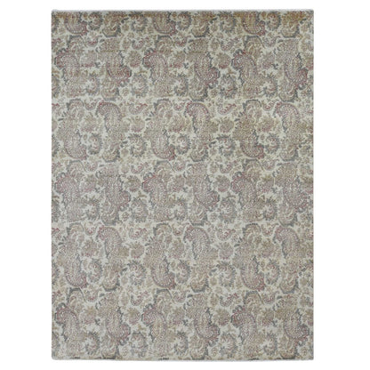 9'1"X12'3" Gray Agra With Paisley Design Pure Wool Hand Knotted Rug