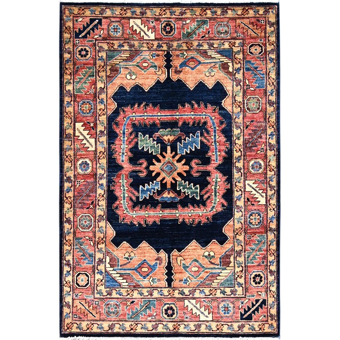 4'1"X6'2" Blue Heris Vegetable Dyes Design Extra Soft Wool Oriental Rug