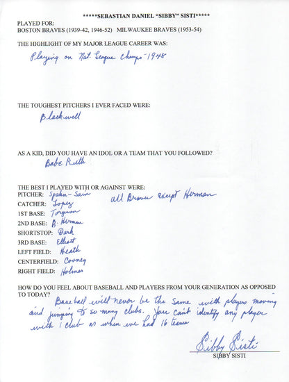 Sibby Sisti Autographed Hand Filled Out Survey