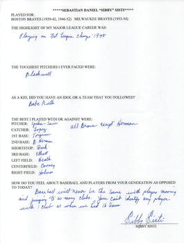 Sibby Sisti Autographed Hand Filled Out Survey