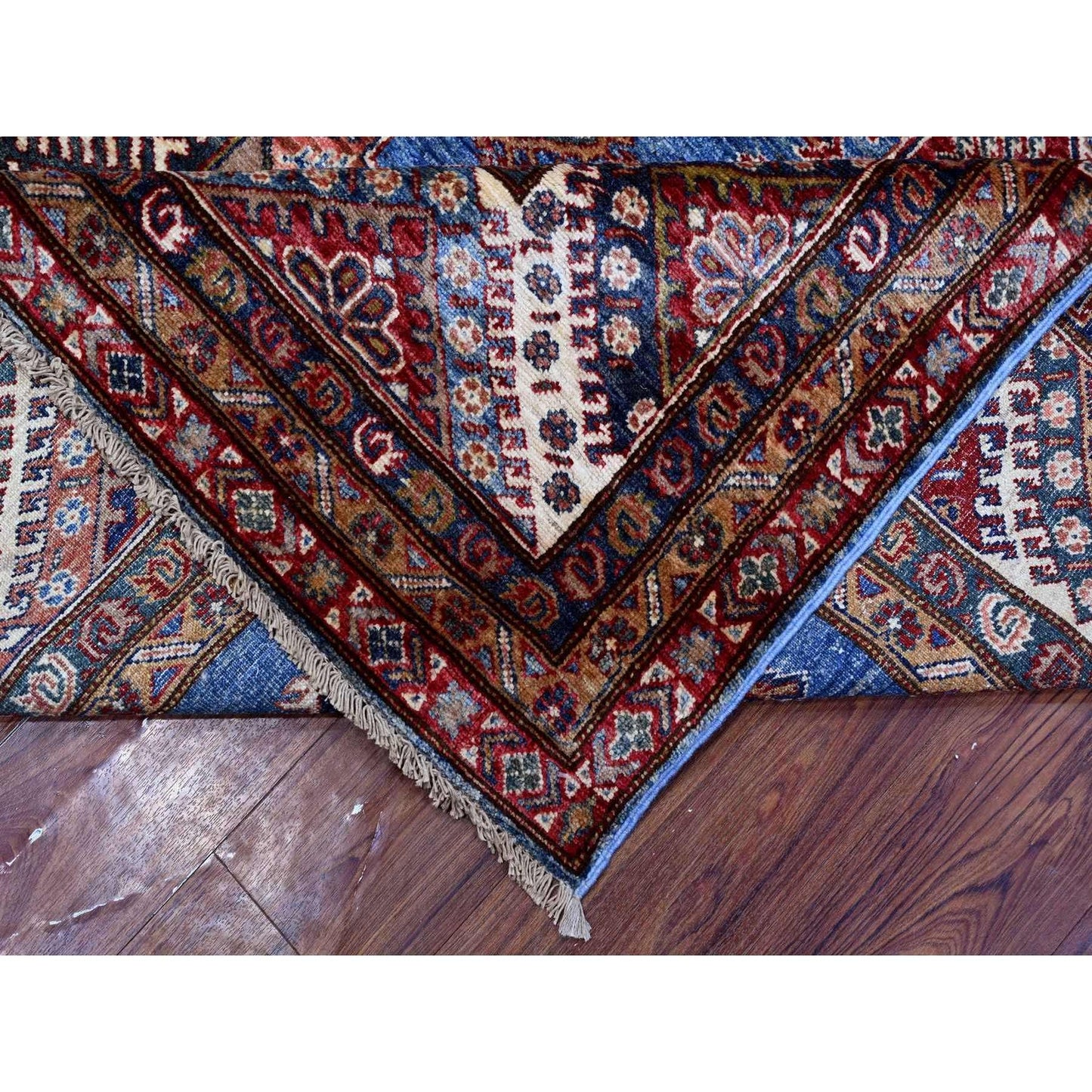 7'10"x10' Busty Blue Hand Knotted Wool Super Kazak Large Medallions Rug