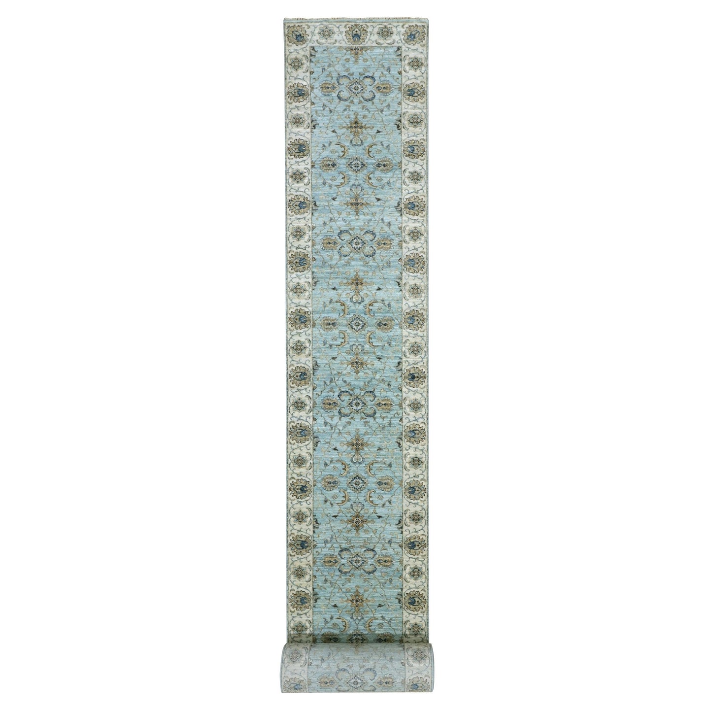 2'8"X29'9" Blue Hand Knotted Shiny Wool Shah Abbas Xl Runner Rug