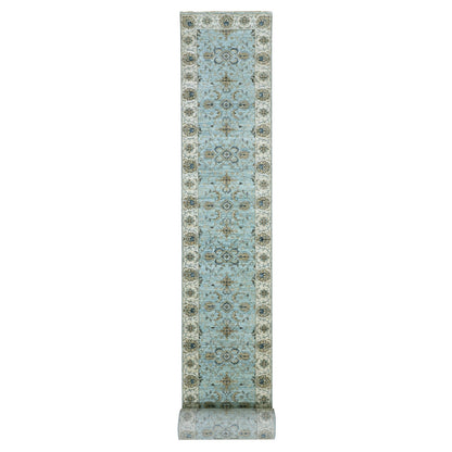 2'8"X29'9" Blue Hand Knotted Shiny Wool Shah Abbas Xl Runner Rug