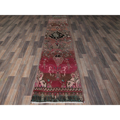 2'X9'7" Red Vintage Zoroastrian Khamadan Hand Knotted Pure Wool Runner Rug
